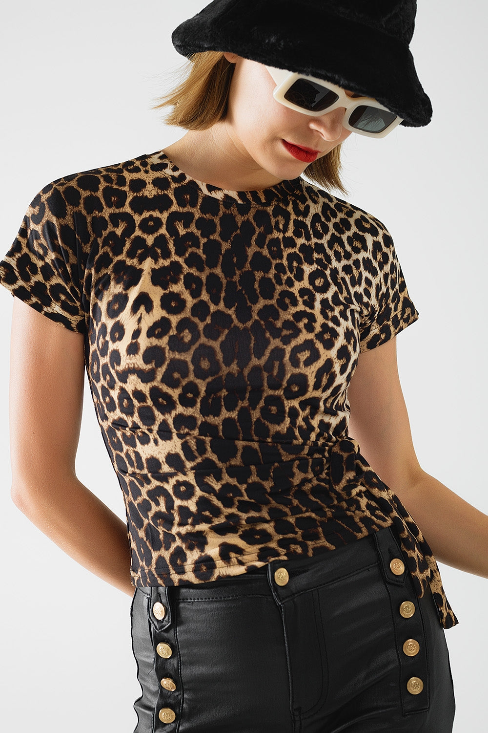 T-shirt Spandex imprimé léopard avec nœud