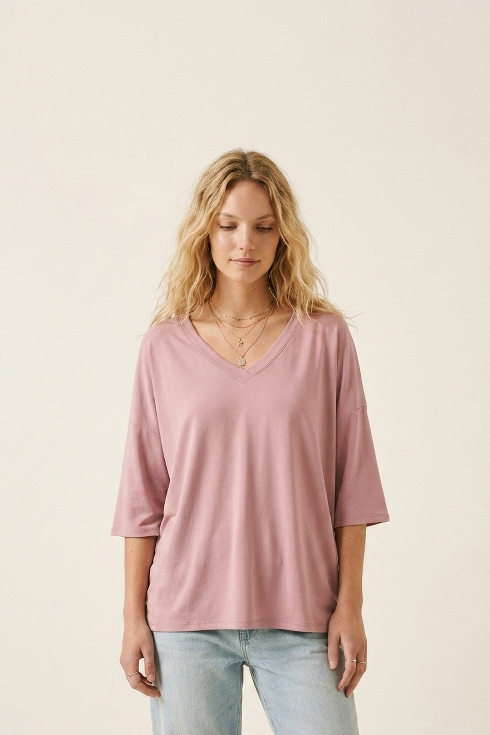Top décontracté à col en V et manches 3/4 couleur rose poudré