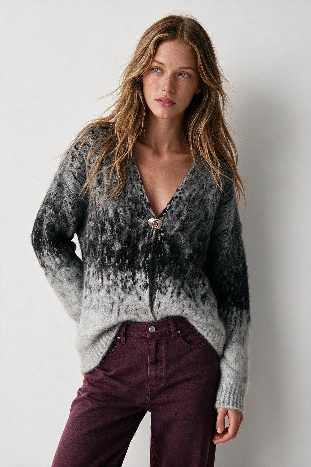 Gilet oversize à col en V en maille épaisse en faux mohair ombré gris
