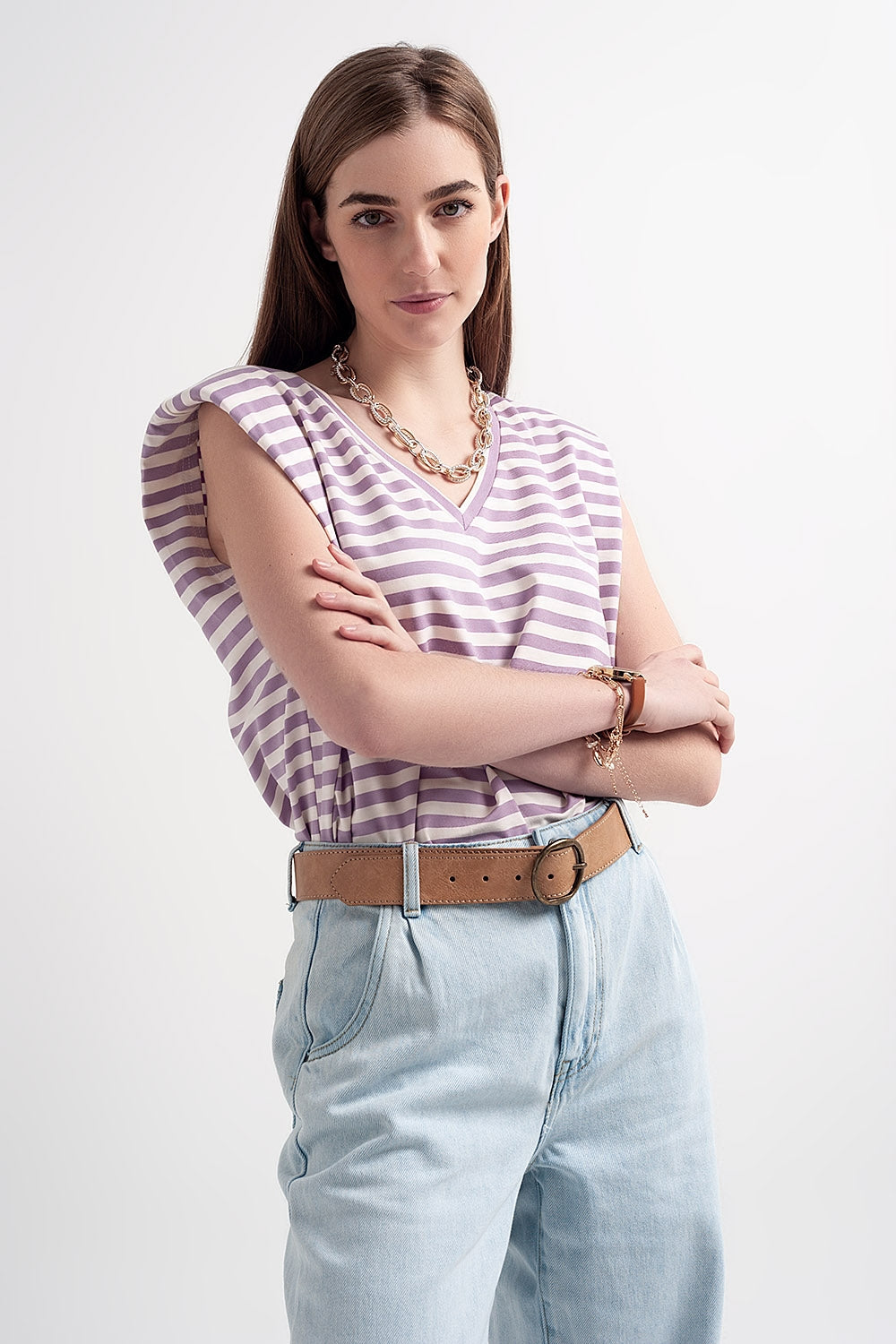 T-shirt sans manches à rayures avec épaulettes violette