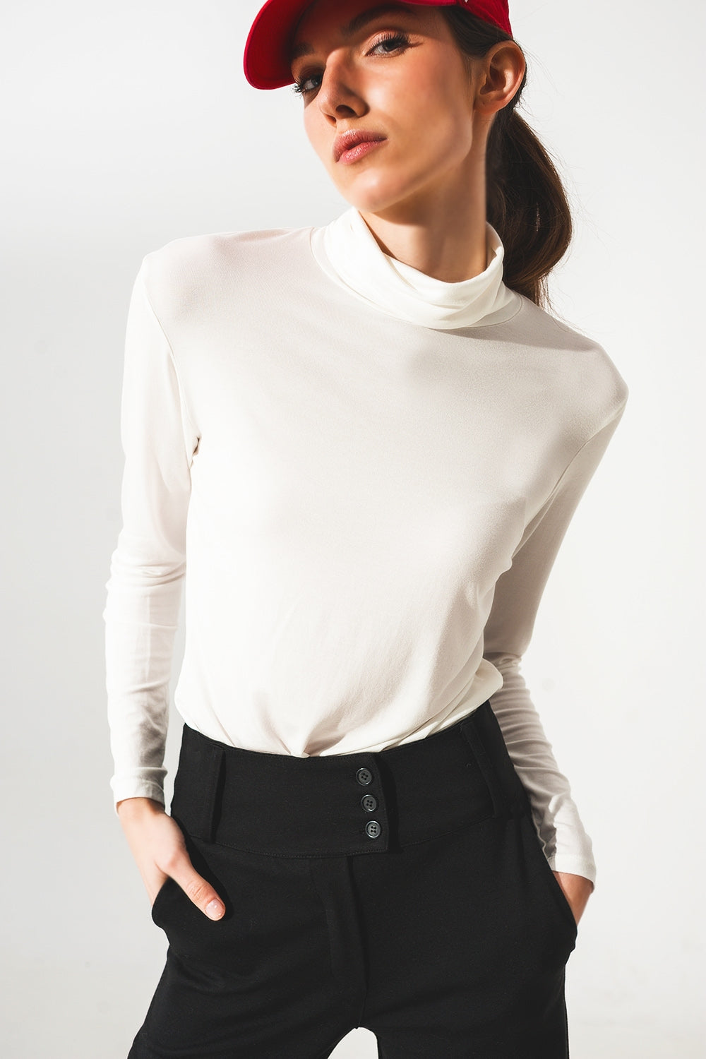 Top à col haut tissu modal et à manches longues en creme