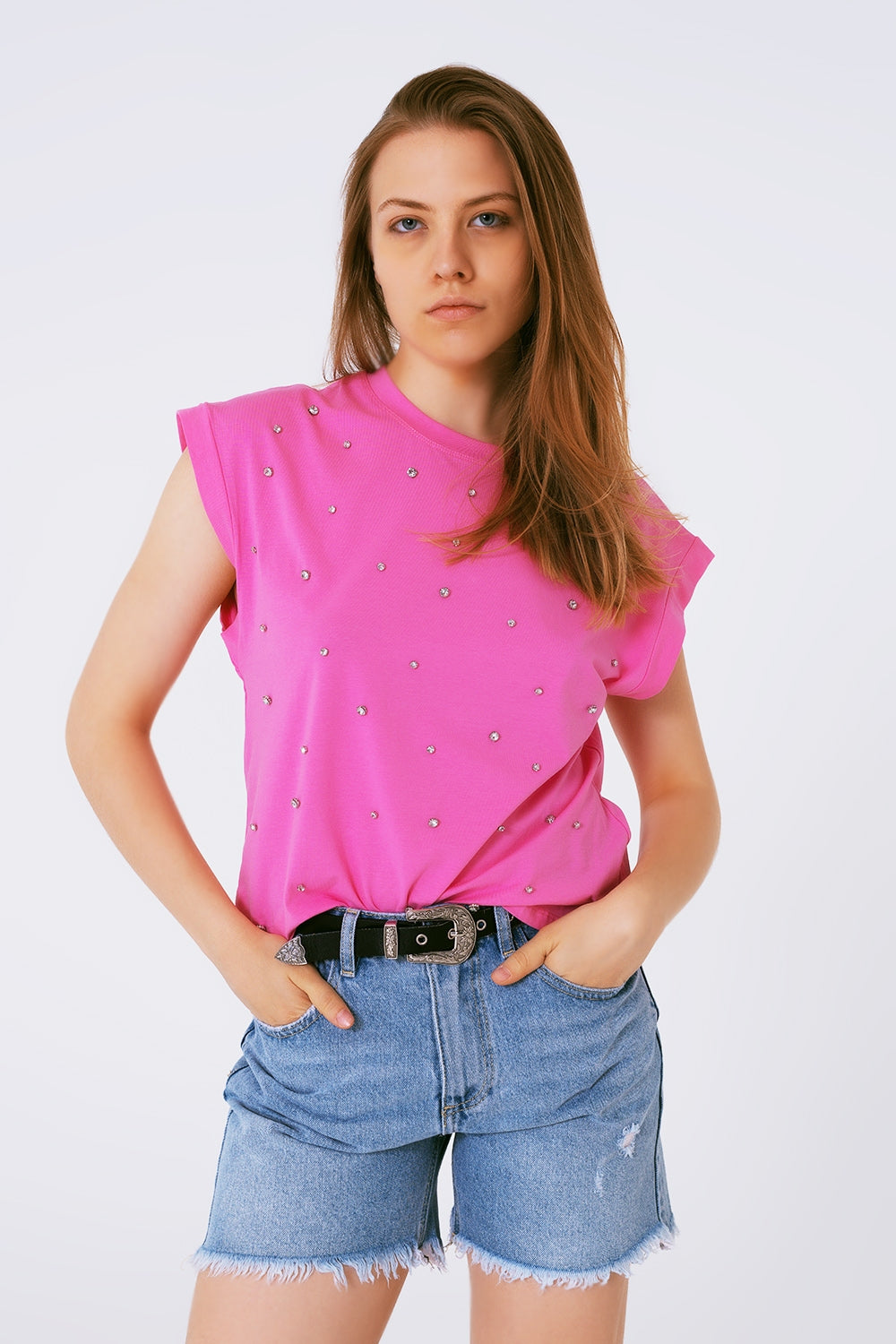 T-shirt sans manches avec détail en strass rose