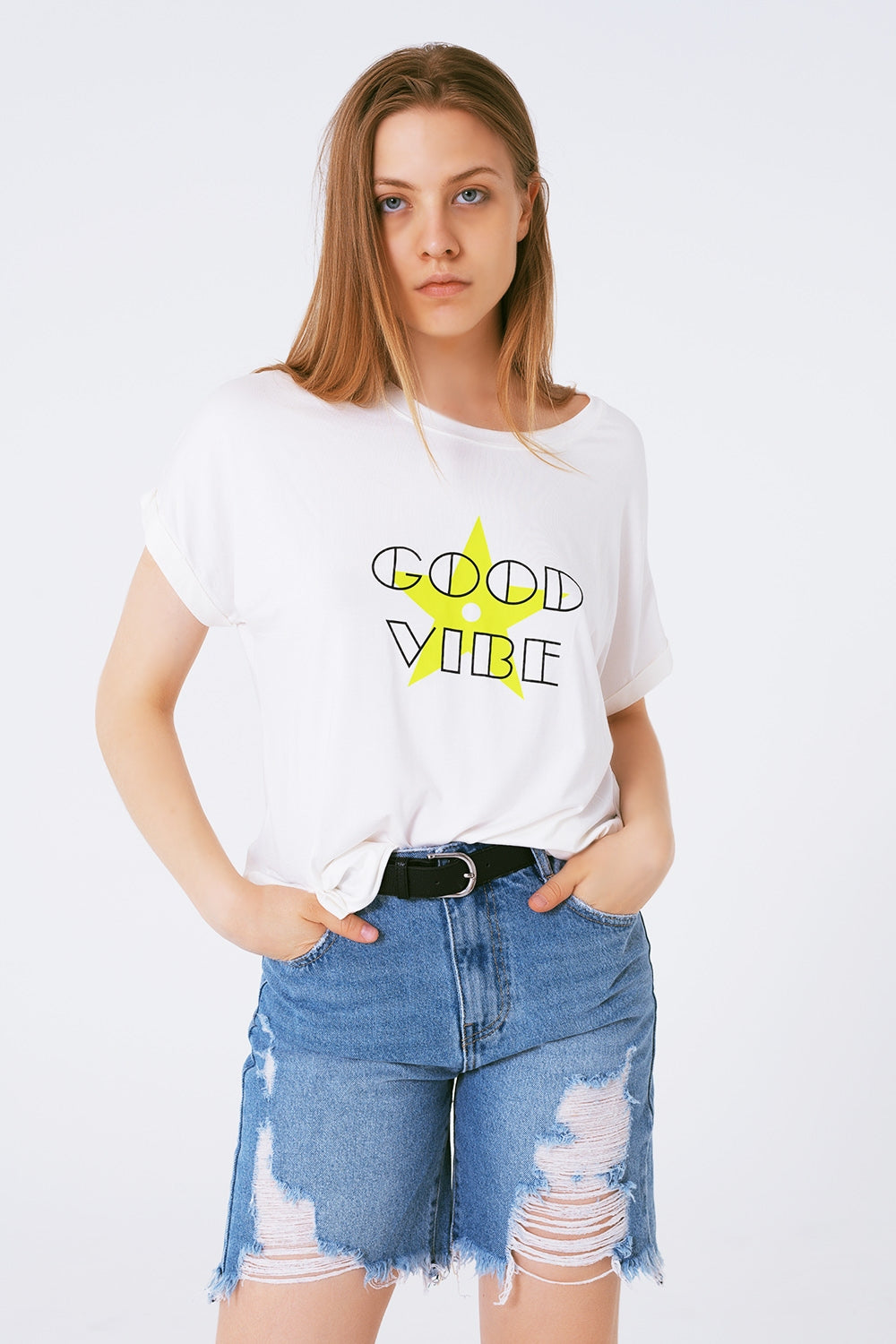 Tee-Shirt Encolure bateau Coupe décontractée Imprimé good vibe fluor