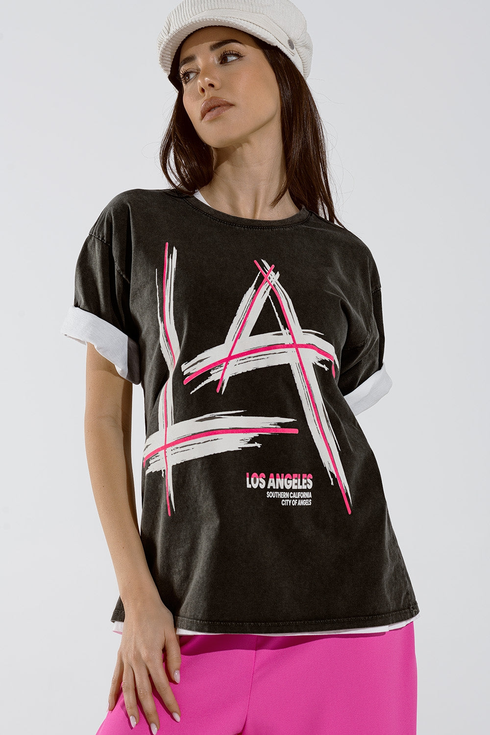 T-shirt noir décontracté imprimé logo LA Los Angeles