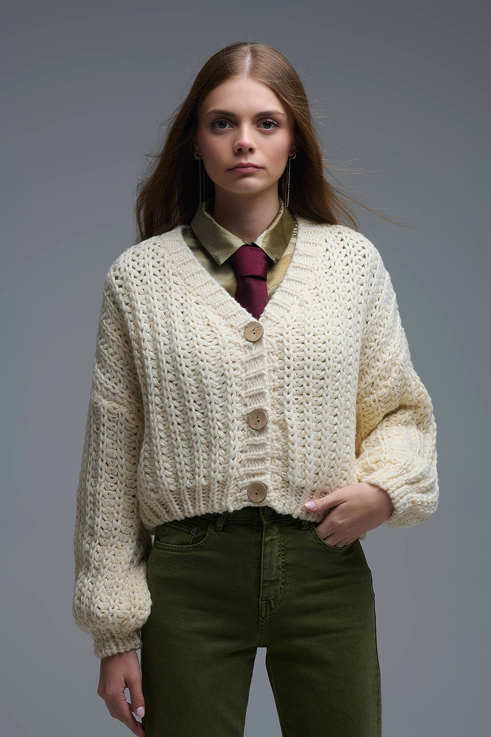 Q2 Cardigan Chunky à maille ouverte en beige