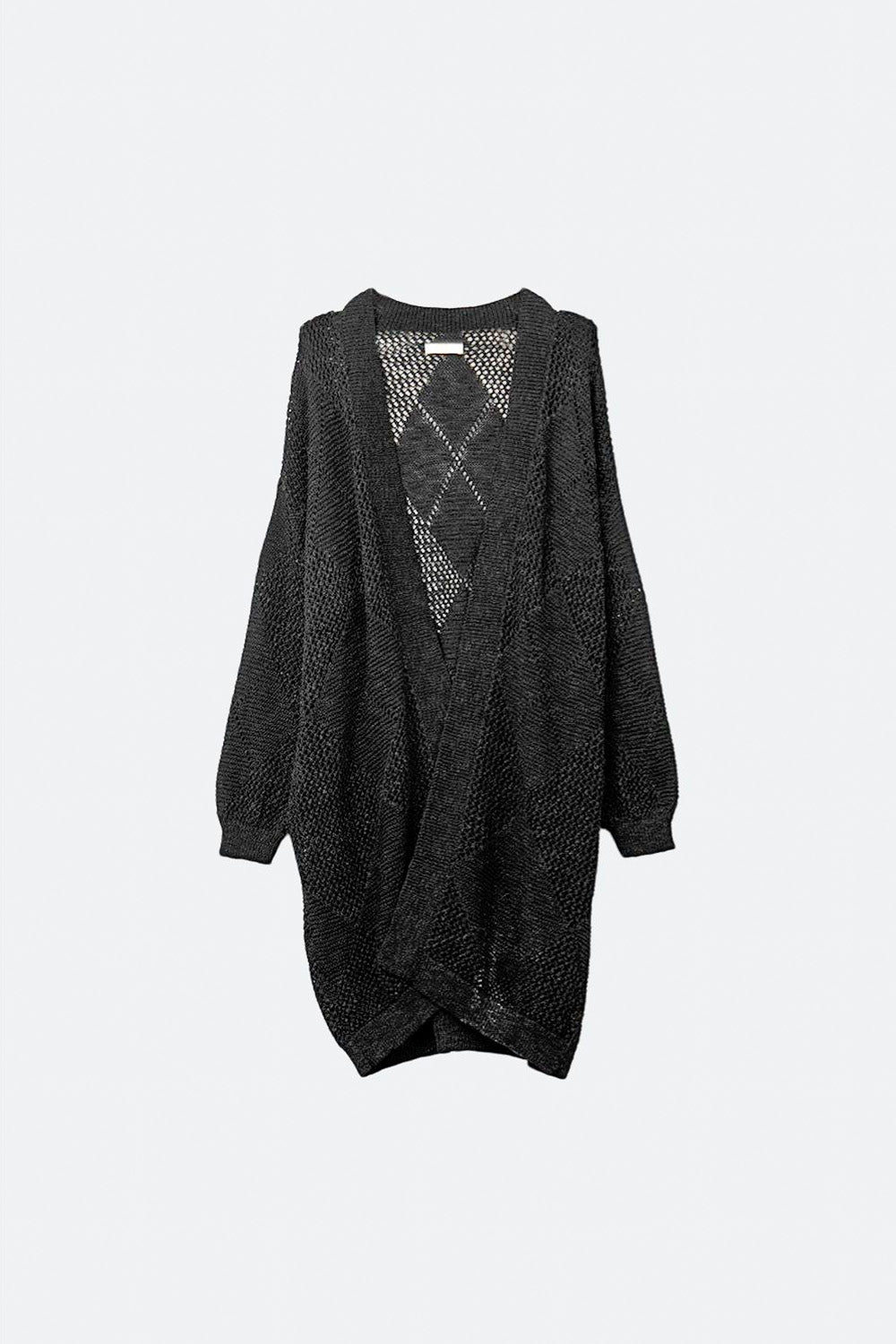 Q2 Cardigan drapé noir avec motif en crochet