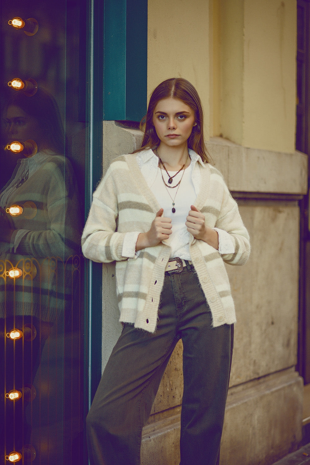 cardigan pelucheux rayé beige