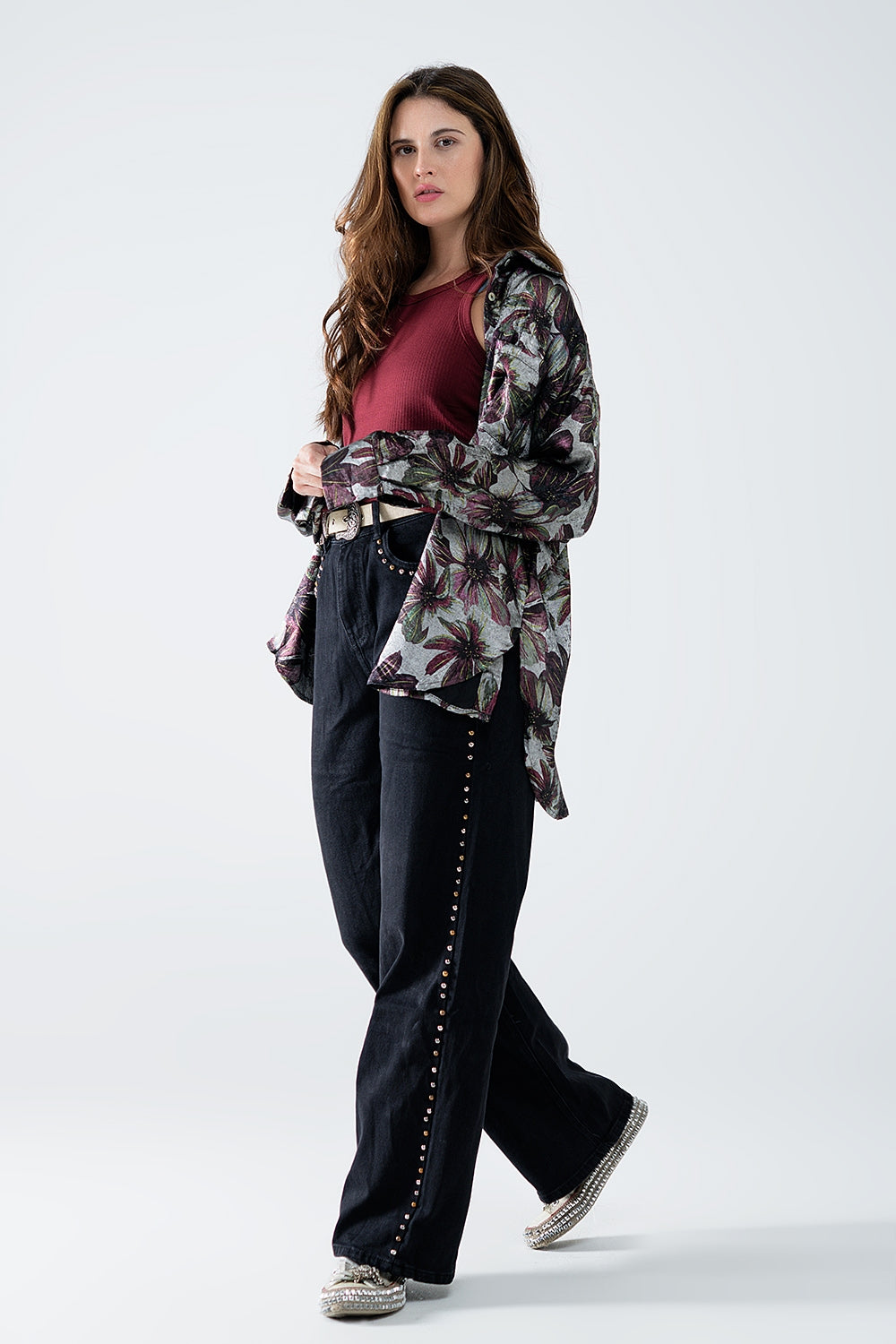 Chemise noir imprimé floral à effet métallique