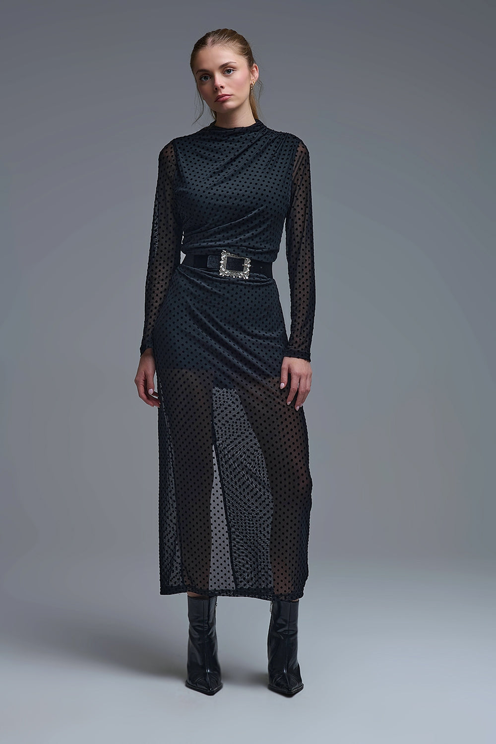 Q2 Chic Black Sheer Polka Dot Midi Dress