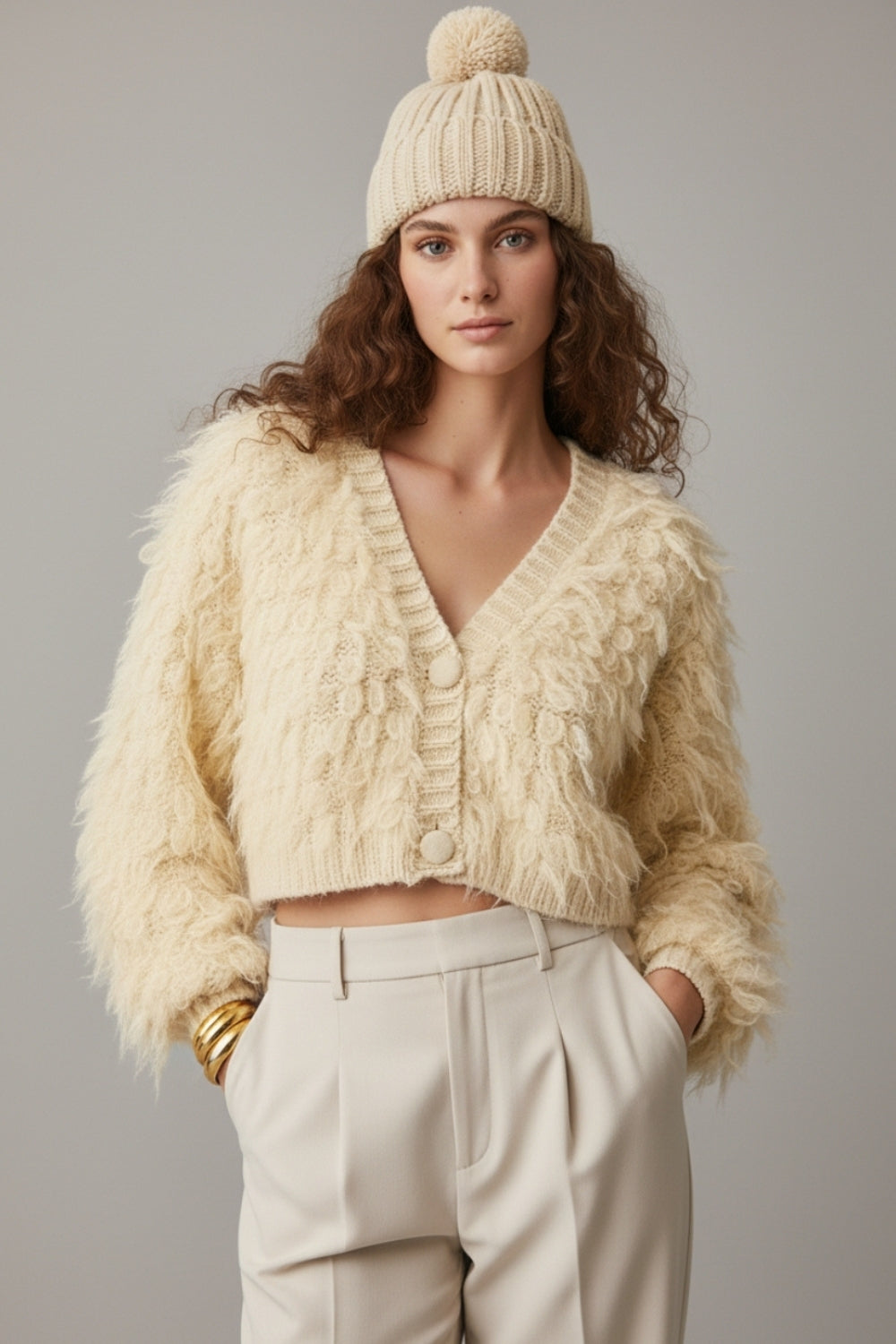 Q2 Chunky Shag Style Fluffy Knucky Cardigan en crème