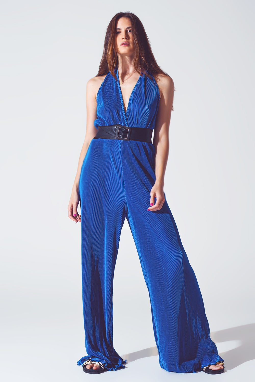 Q2 Combinaison longue plissée à col licou en satin en bleu