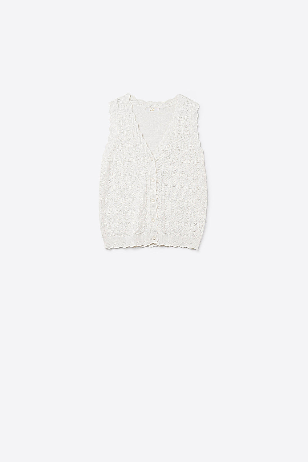 Q2 Gilet en Tricot Pointelle avec Bords Festonnés en Blanc