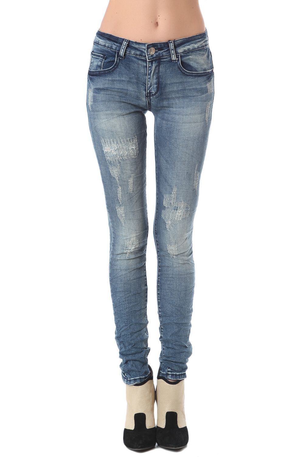 Q2 Jean skinny en délavage bleu moyen avec découleurations légères