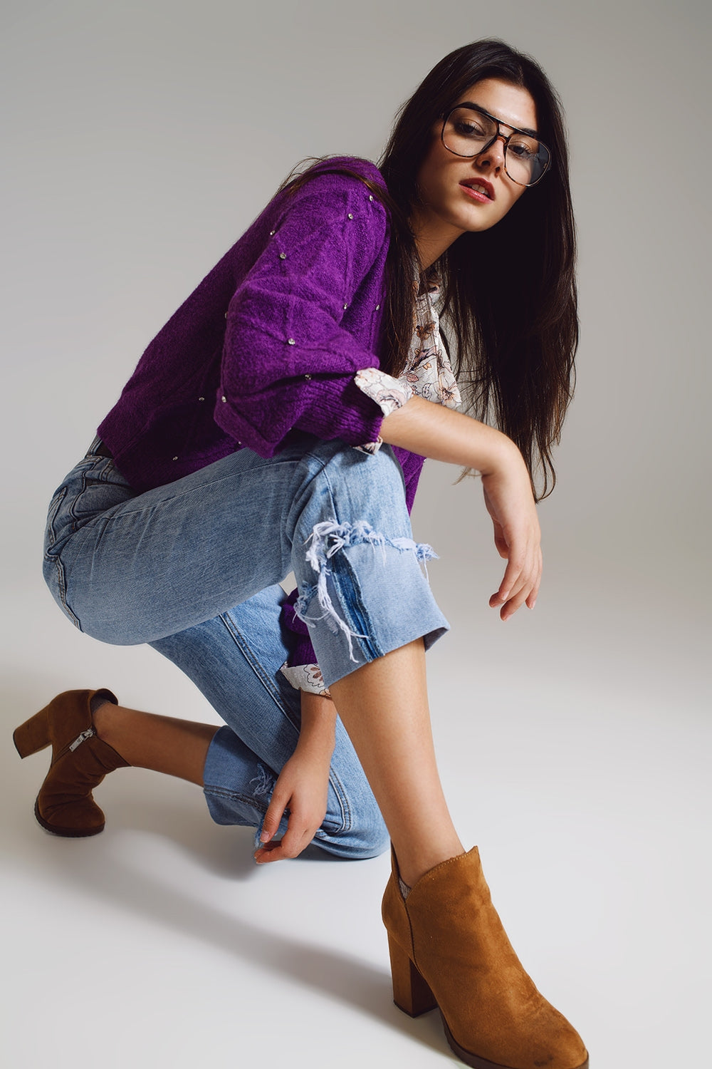 Q2 Jeans droits avec ourlet usé en bleu clair