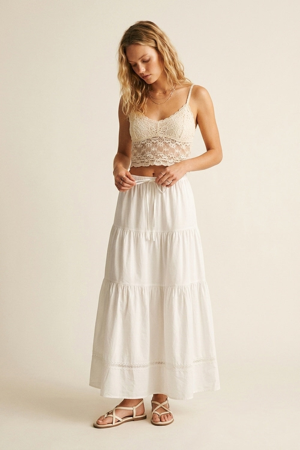 Jupe Maxi en Popeline Blanche avec Détail en Dentelle