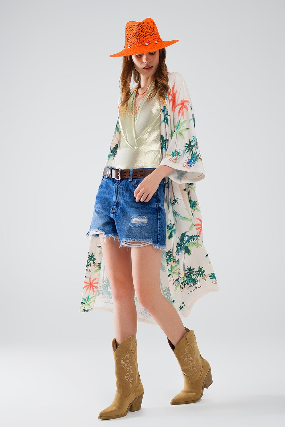 Kimono ouvert crème avec imprimé plage en longueur midi