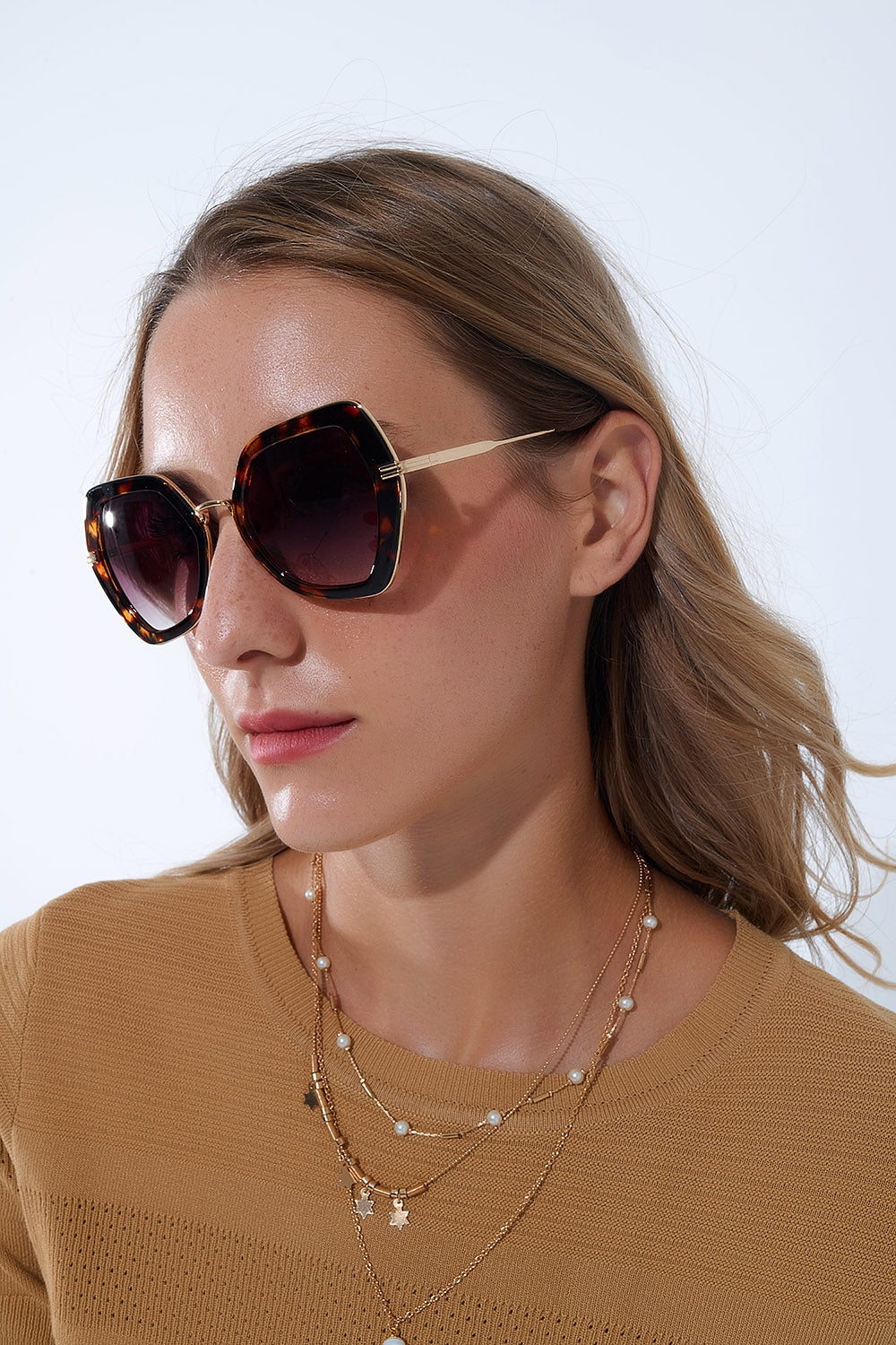 Q2 Lunettes de soleil extra-larges à œil de chat hexagonal en écaille de tortue