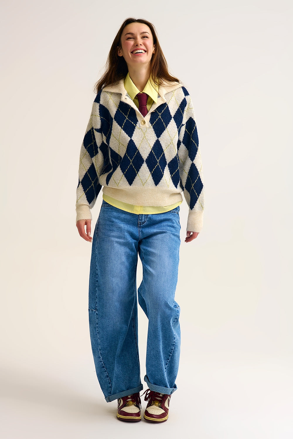 Pull à col polo en maille imprimée diamantée marine et crème