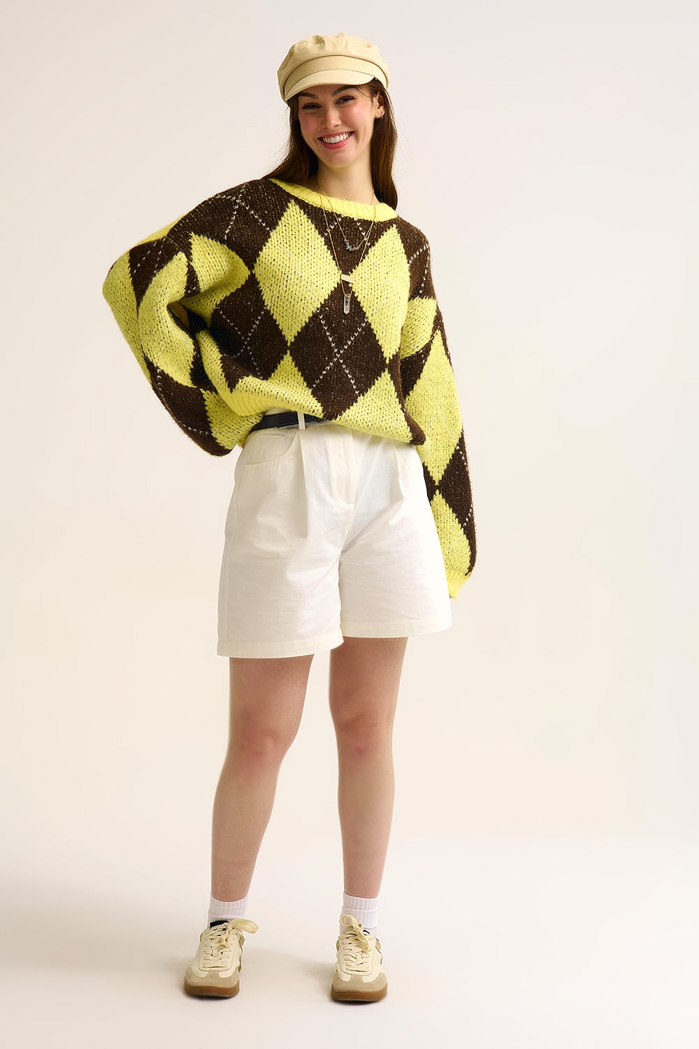 Pull en maille losange jaune et marron à manches volumineuses