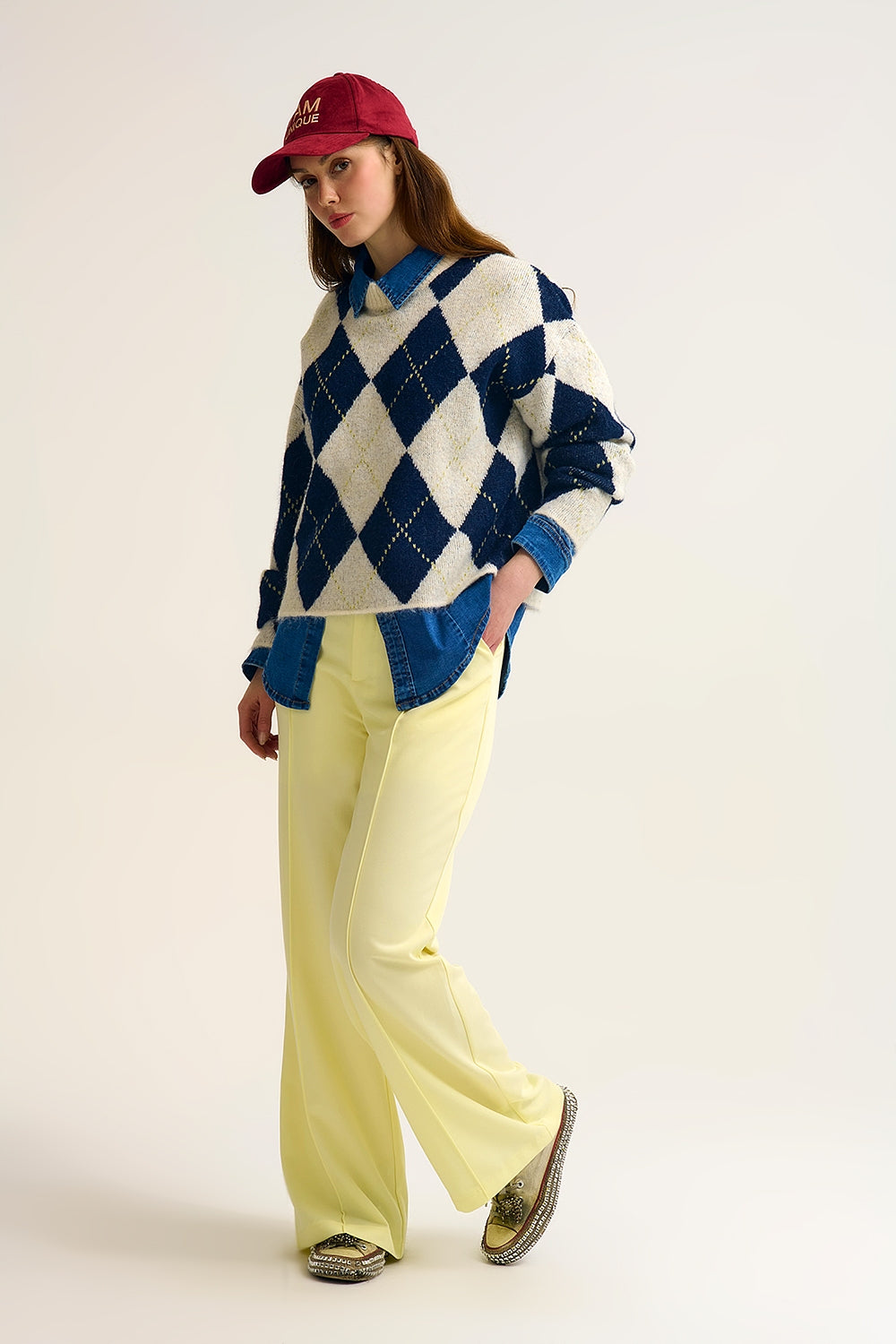 Pull en tricot chunky Navy diamond en marine et crème contrastée