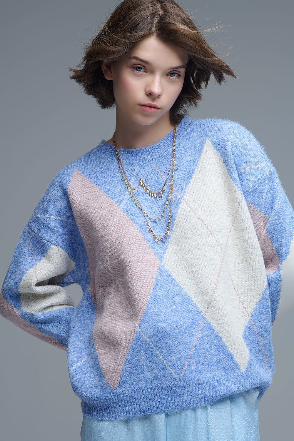 Q2 pull-over ample bleu ciel à motifs de losanges
