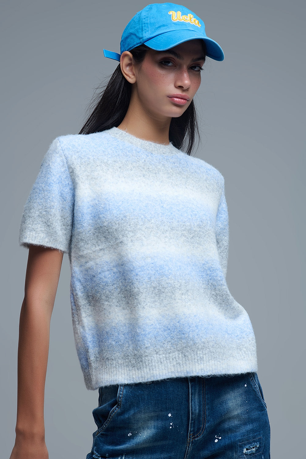 Pull rayé ombré à manches courtes bleu