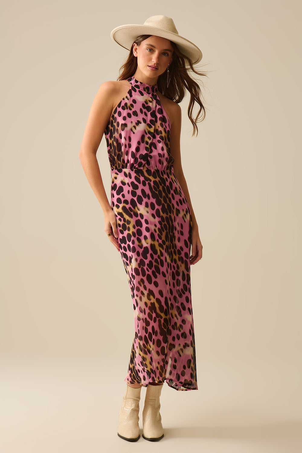 Q2 Robe midi à col licou croisé en imprimé animalier rose et noir