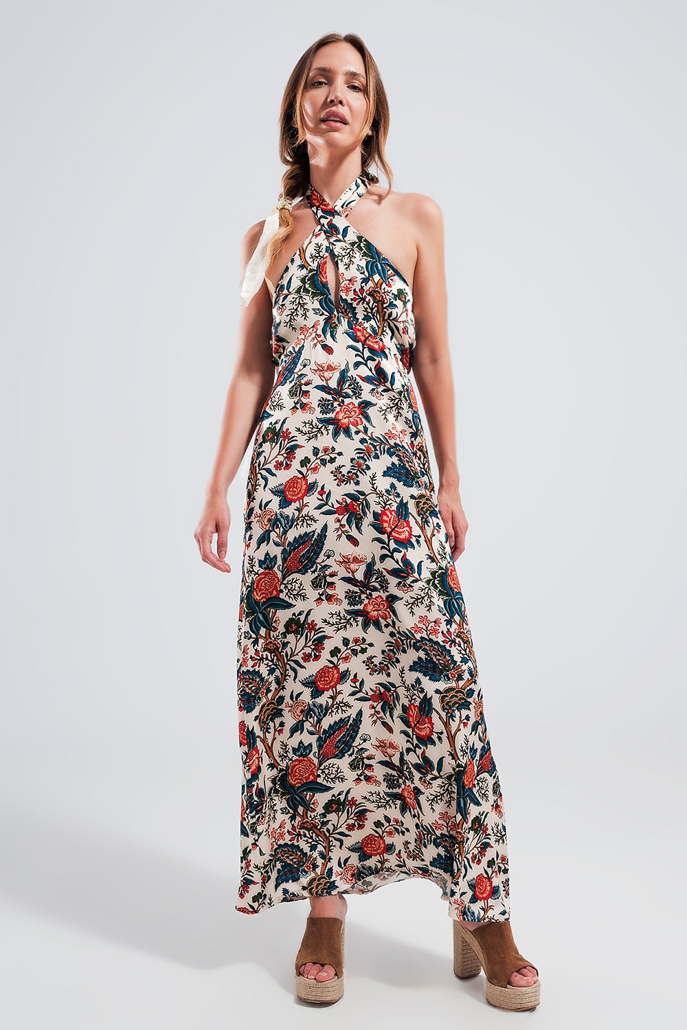 Q2 Robe longue avec motif cachemire en beige