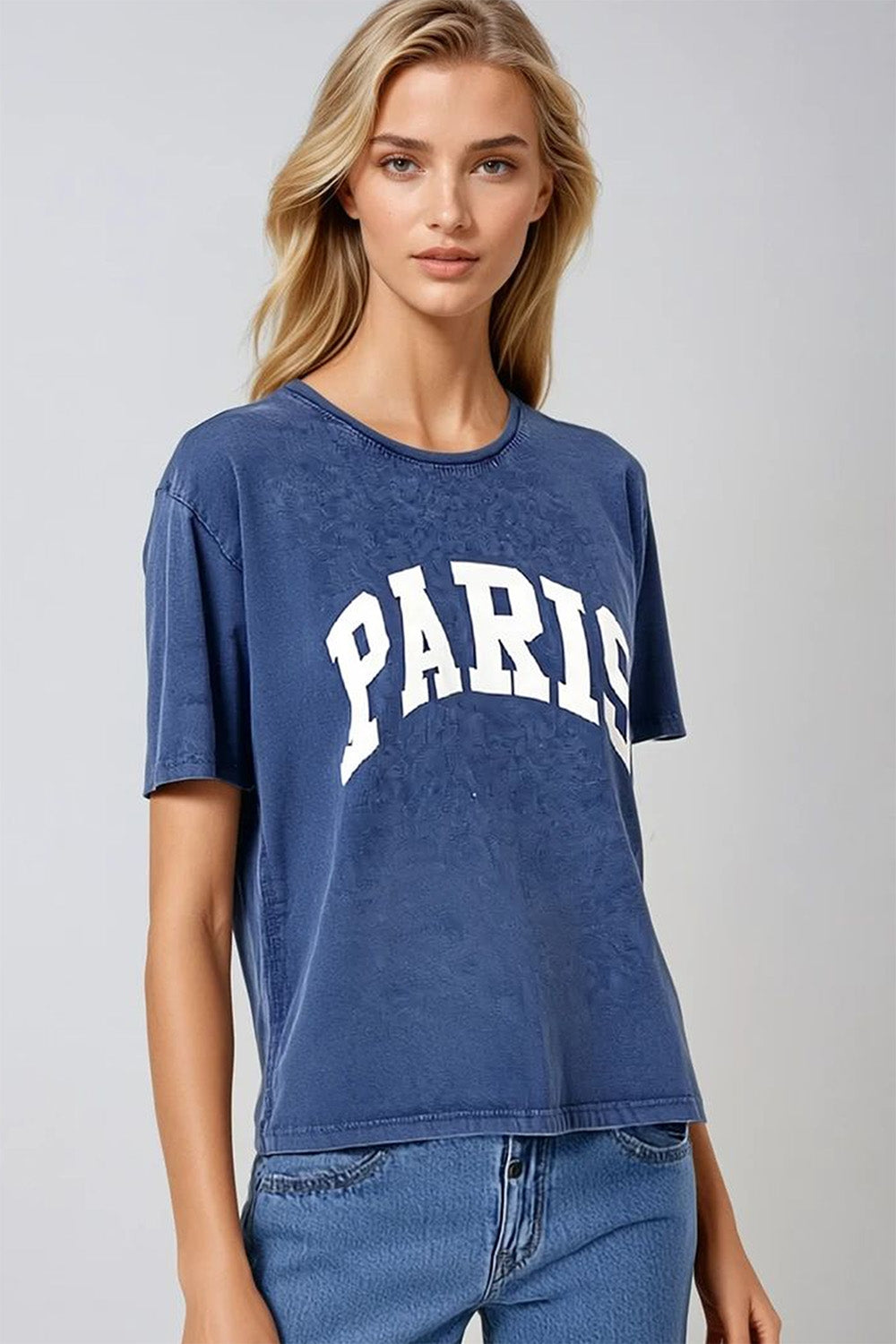 Q2 T-shirt décontracté bleu marine Paris avec lettres blanches