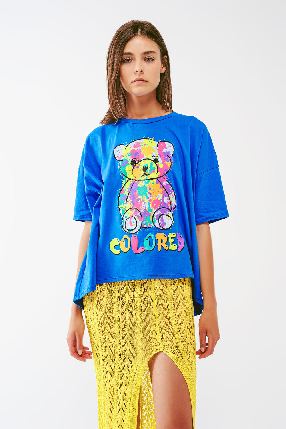 Q2 tee-shirt bleu ample avec ours coloré