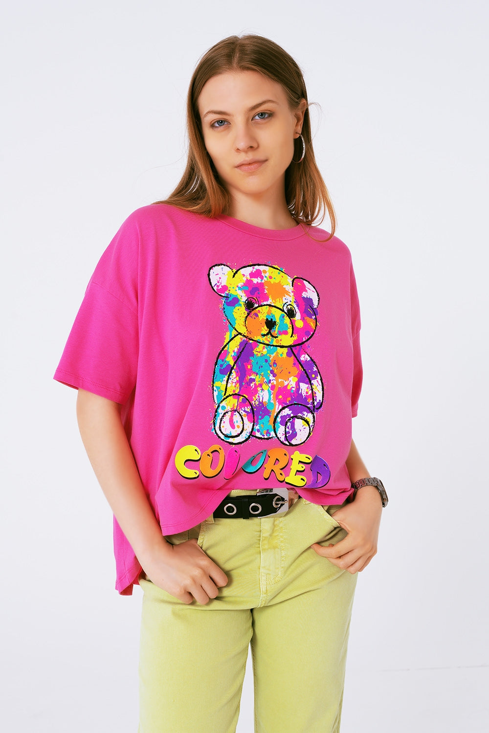 Q2 tee-shirt fuchsia ample avec ours coloré