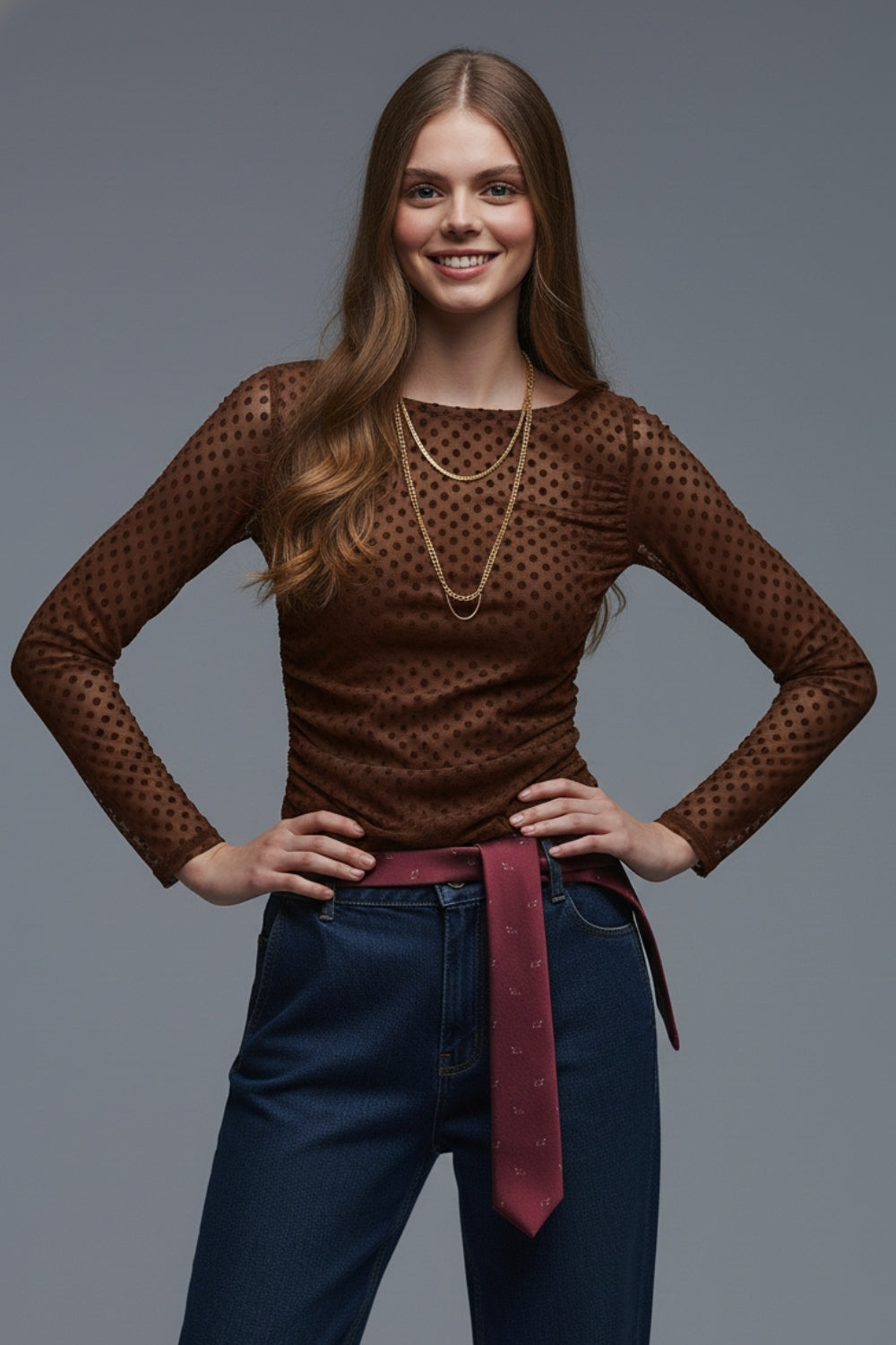 Q2 Top à pois marron en tissu transparent élastique