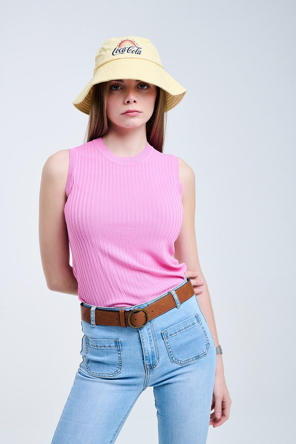 Top sans manches en maille côtelée rose