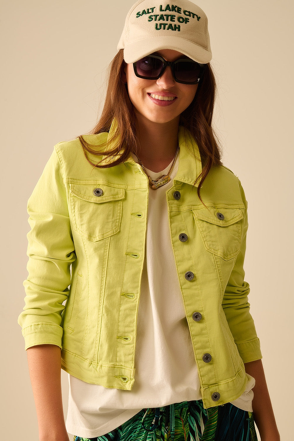 Q2 Veste en denim basique élastique avec poches en vert citron